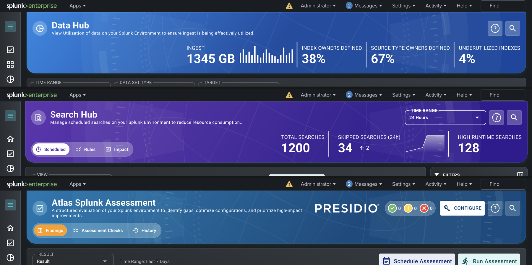 Data Hub, Search Hub, and Assessment headers, each with its own gradient color