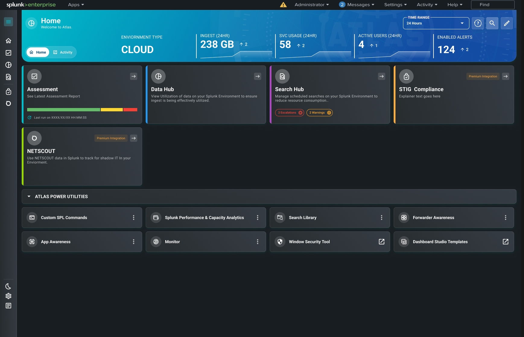 Atlas home dashboard showing Assessment, Data Hub, Search Hub, and STIG Compliance as separate domains