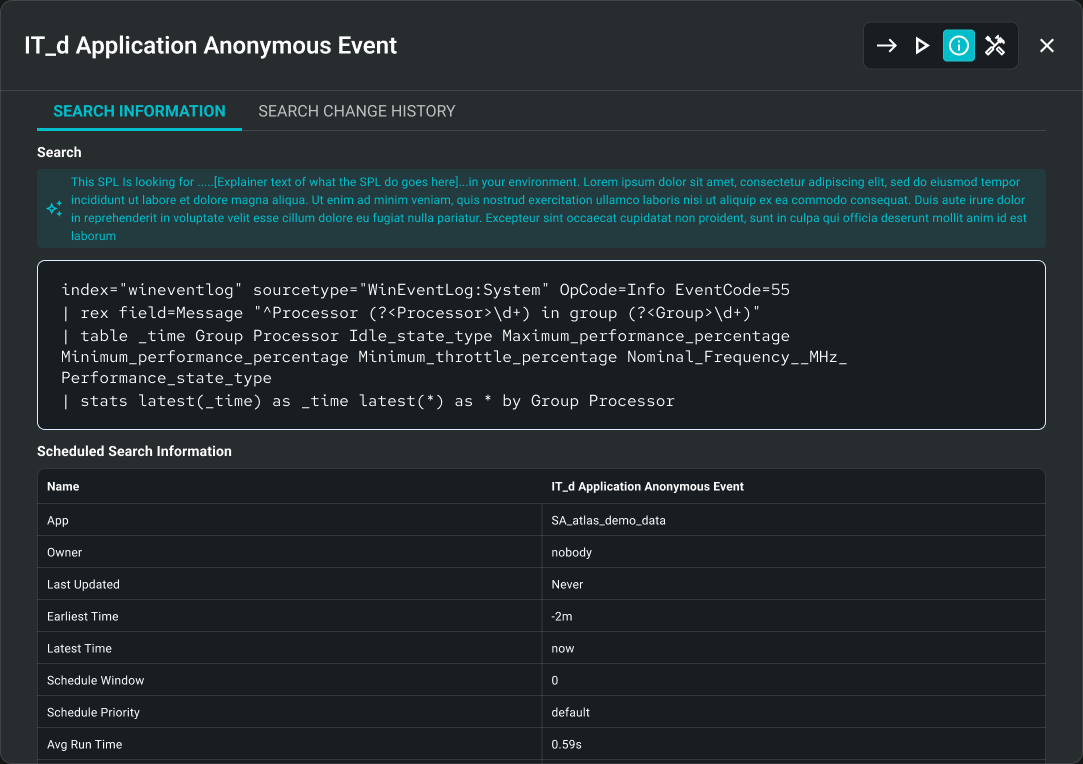 Search information panel with a plain-language explainer next to the underlying SPL search