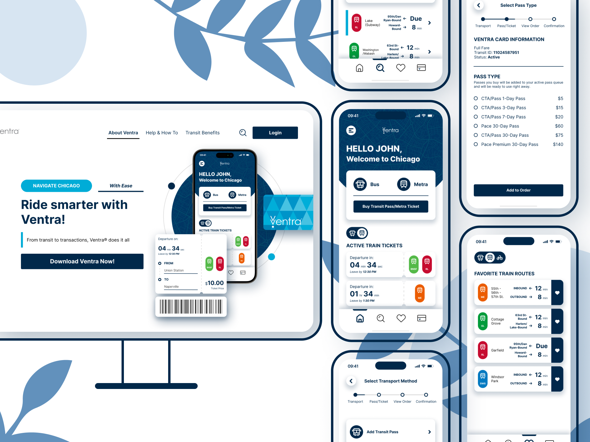 High-fidelity prototype screens: Ventra redesign home, pass selection, transport method, and favorite routes